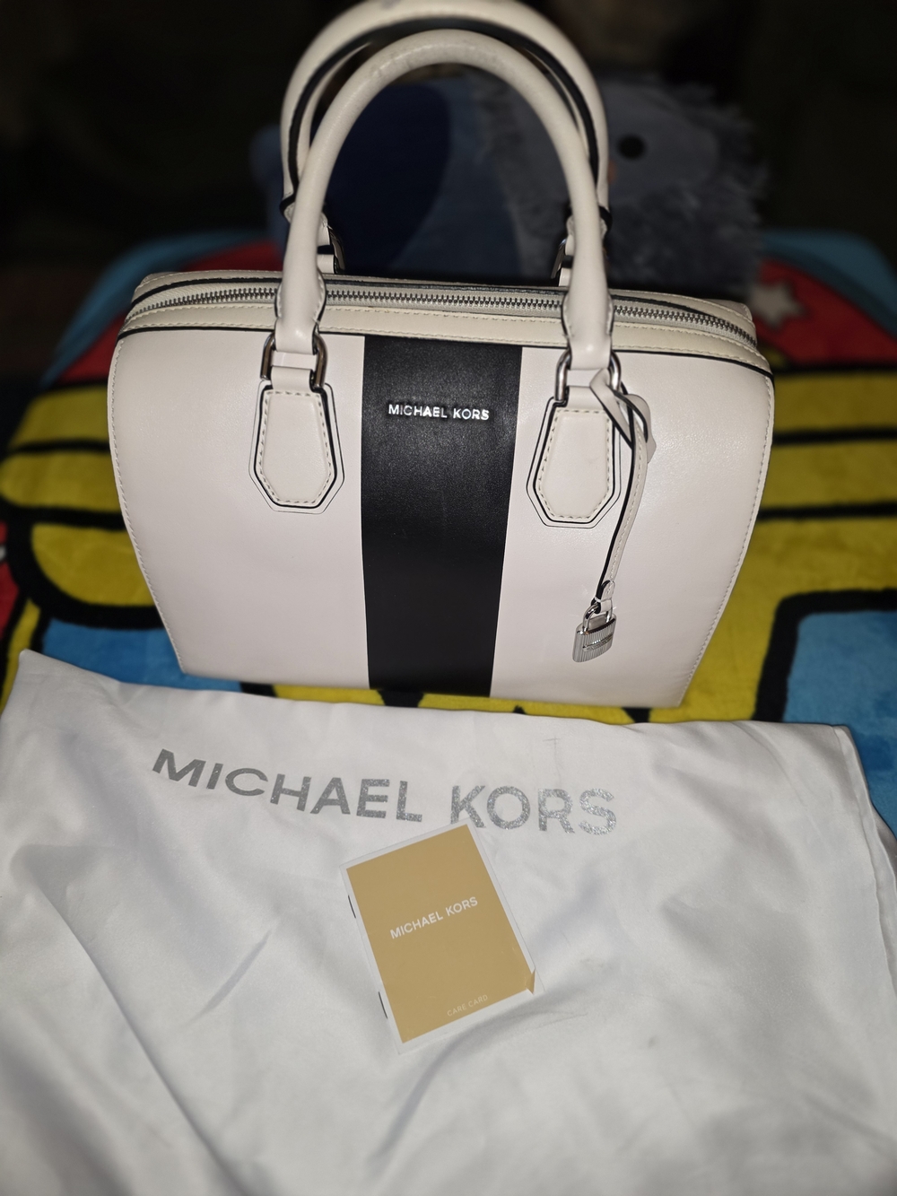 Michael Kors White Leather Satchel with Black Center Stripe - Picture 8 of 10